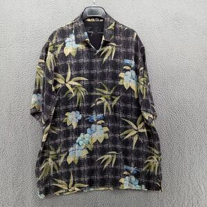 Tommy Bahama Shirt Mens Large Black Floral Print Hawaiian Button Up 100% Silk‎